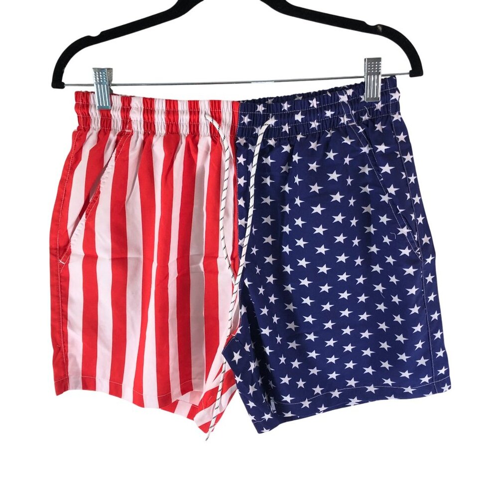 SSLR Mens Swim Trunks Mesh Lined Drawstring USA Flag Novelty Print Red Blue 34